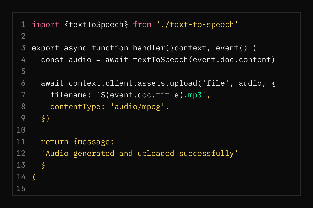 example function of an audio files being generated and uploaded