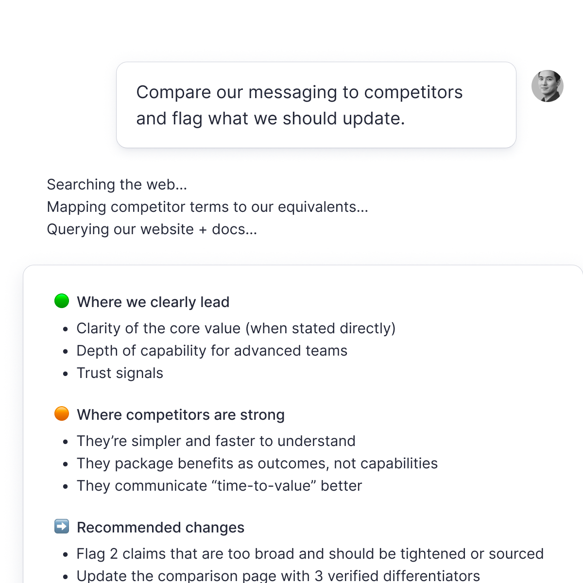 AI tool analyzing competitor messaging, displaying a summary of company leads, competitor strengths, and recommended changes.