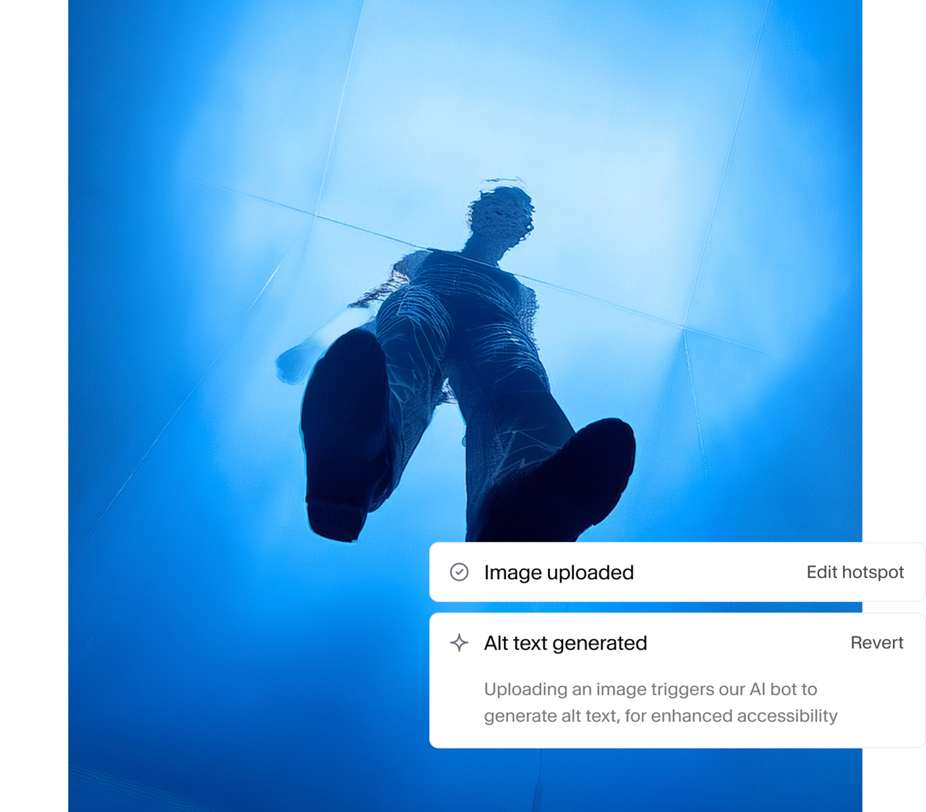An image of a person walking on a transparent blue surface, overlaid with UI elements confirming "Image uploaded" and "Alt text generated".